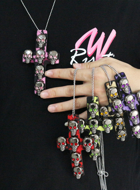 暗黑大十字项链重工吊坠骷髅靓仔Y2K亚文化哥特毛衣链辣妹配饰品