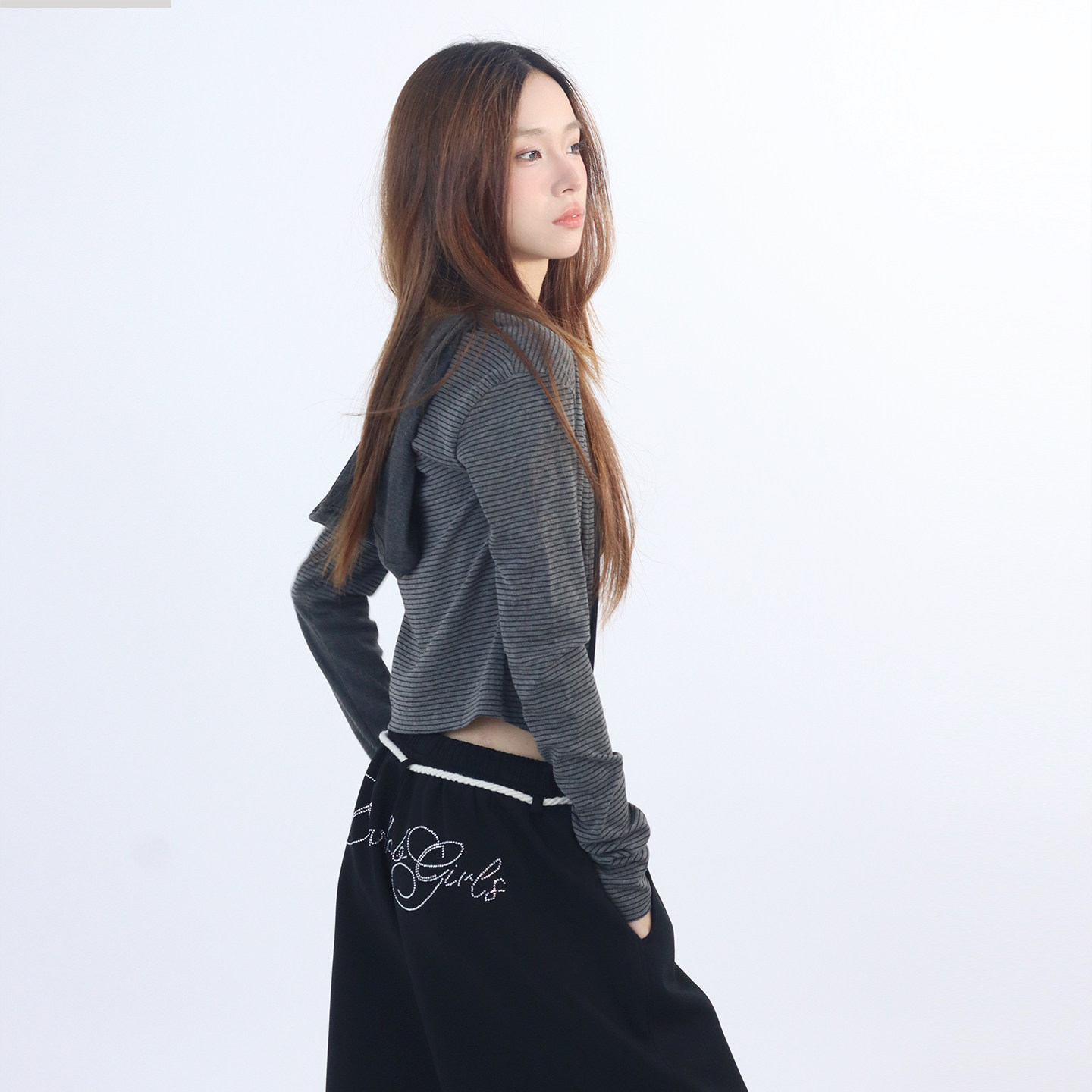 大佬街舞潮牌灰条纹连帽开衫女辣妹复古修身早秋长袖短外套25143,淘宝优惠券,粉丝福利购,淘宝优惠卷