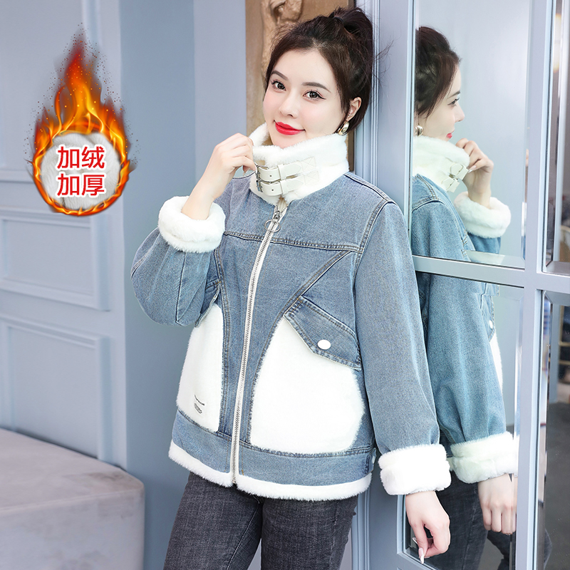 加绒加厚牛仔外套女冬季韩版bf风羊羔毛绒小个子短款保暖棉衣棉服