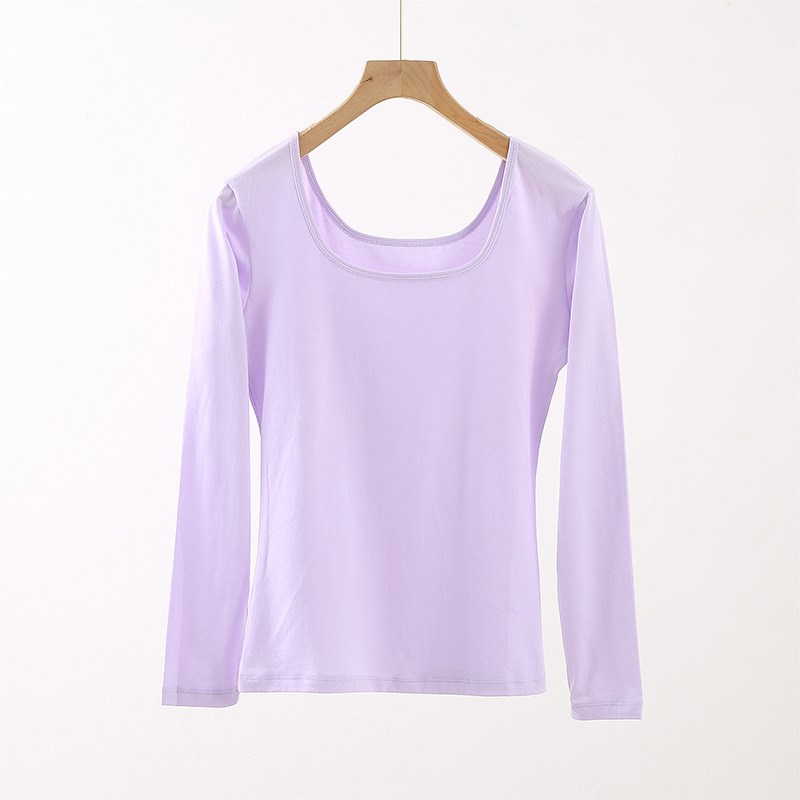 纯棉秋衣女士薄款打底衫秋冬棉毛衫贴身大U领内穿棉毛衫保暖内衣 - 图0