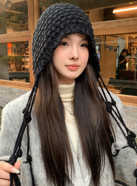 红色针织帽子女秋冬款毛
