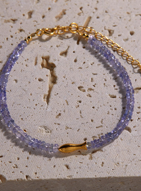 S925纯银天然坦桑石白贝母手链女原创设计手工串珠蓝紫色闺蜜手链