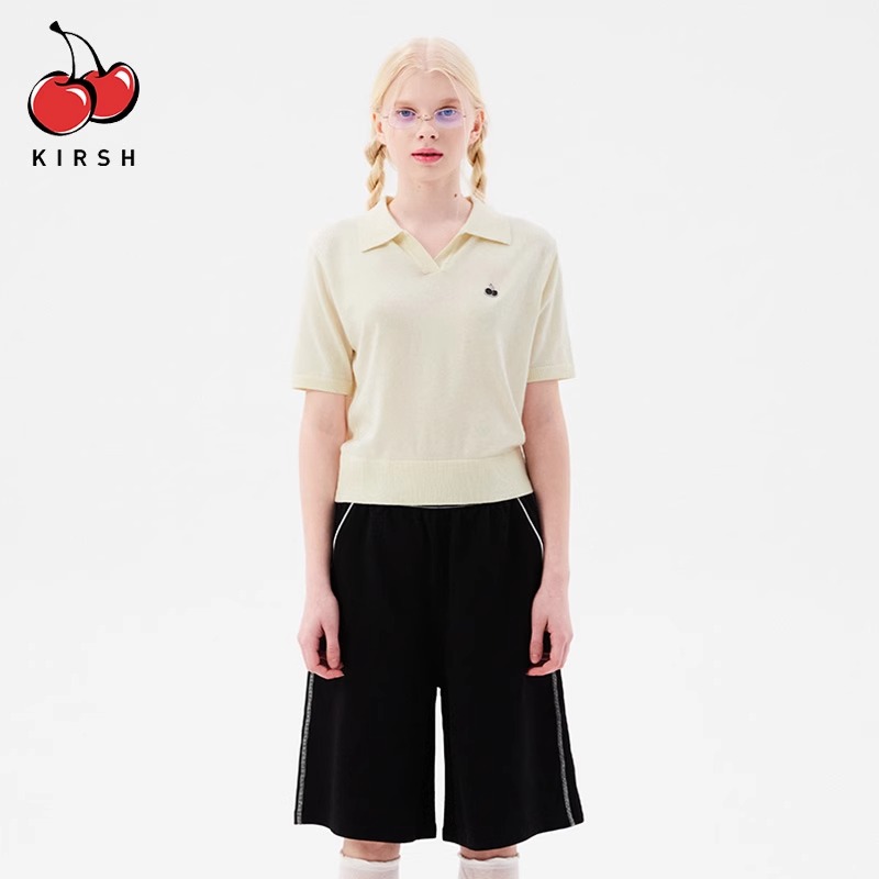 kirsh/樱桃潮少女夏季新品polo衫樱桃logoT恤女百搭小V领短袖时尚-图1