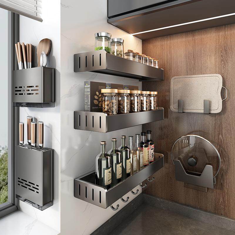 枪灰厨房置物架免打孔壁挂式刀架调味料用品大全家用收纳架,淘宝优惠券,粉丝福利购,淘宝优惠卷