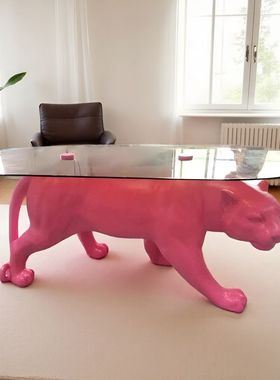 意式轻奢高级感豹子茶几设计师定制圆形玻璃茶台客厅家用异型边几