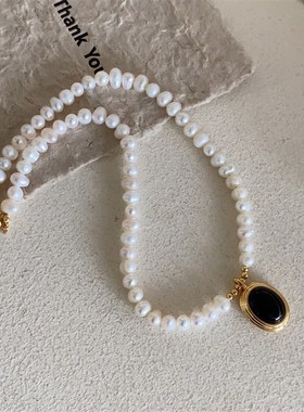 法式甜美气质e不规则珍珠项链女夏椭圆形吊坠颈链2024年新款锁骨