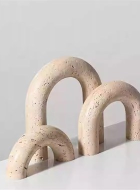 侘寂风几何大理石拱m门摆件样板间软装饰柜高级感拱形黄洞石工艺