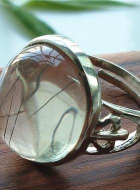 天然银发晶戒指保真白发丝水晶圆形戒面925银镶嵌戒指活扣男女款