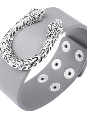 2022潮流宽皮手链淑女御姐风PU手镯U形简约合金豹子造型饰品