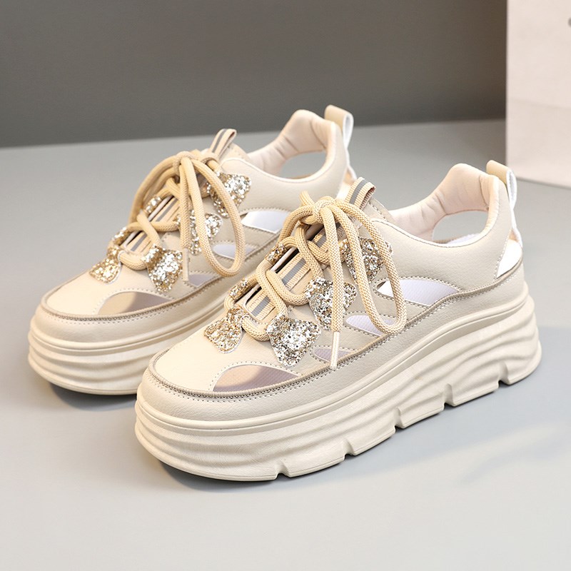 Large size 41 to 43 small white shoes women's shoes summer u hollow wedge heel inner heighten sneakers showing feet small holes Baotou cool