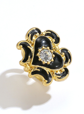 JosephWarner中古戒指珐琅轻奢小众锆石夸张黑金食指戒爱心指环女