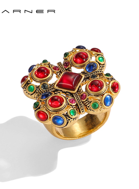 JosephWarner中古红宝石戒指宫廷vintage华丽食指戒铜镀金指环女