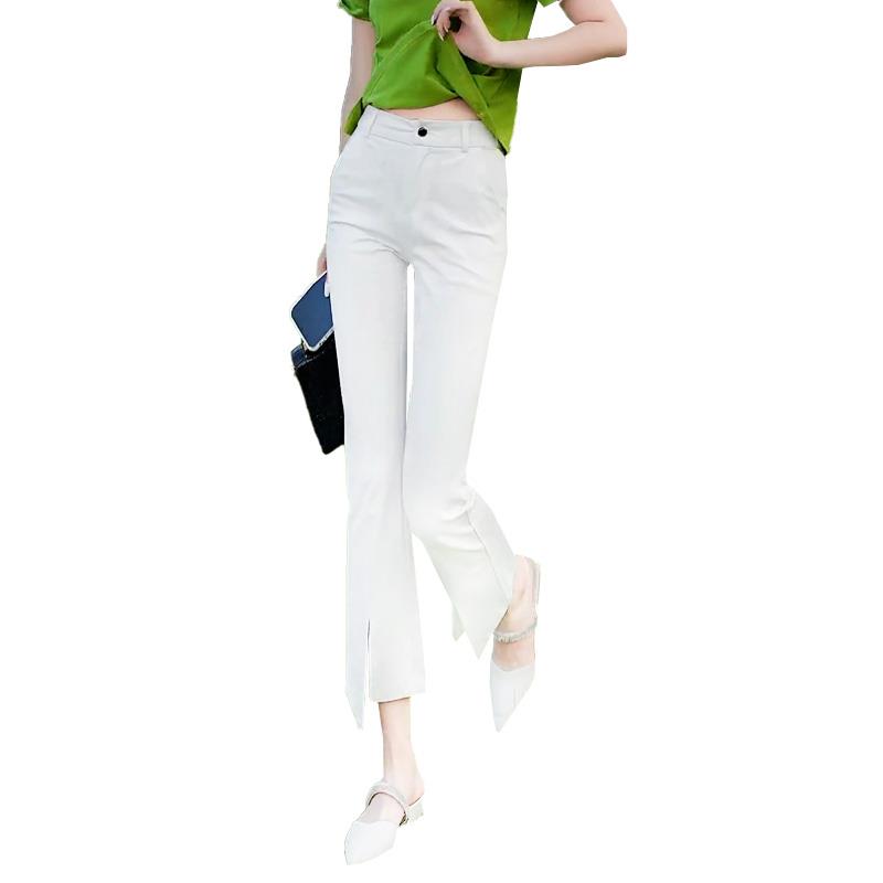 白色喇叭裤女夏季薄款2023年新款高腰显瘦九分裤子垂感开叉微喇裤