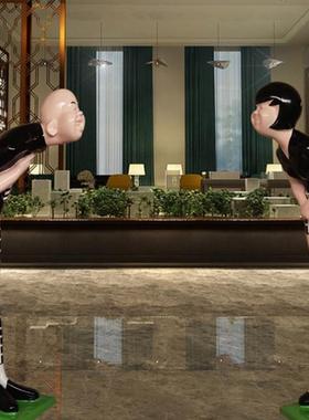 玻璃钢彩绘鞠躬迎宾人物雕塑酒店门口ktv招财商场创意树脂摆件