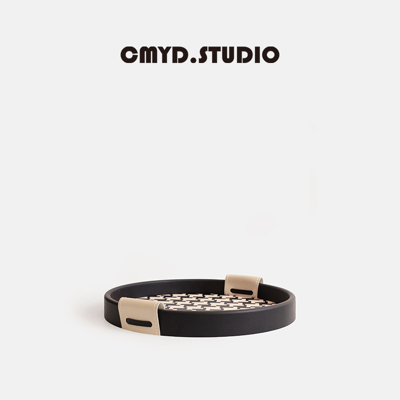 CMYD原创设计中古千鸟格圆形旋转双耳托盘首饰香薰收纳盘送礼摆件,淘宝优惠券,粉丝福利购,淘宝优惠卷