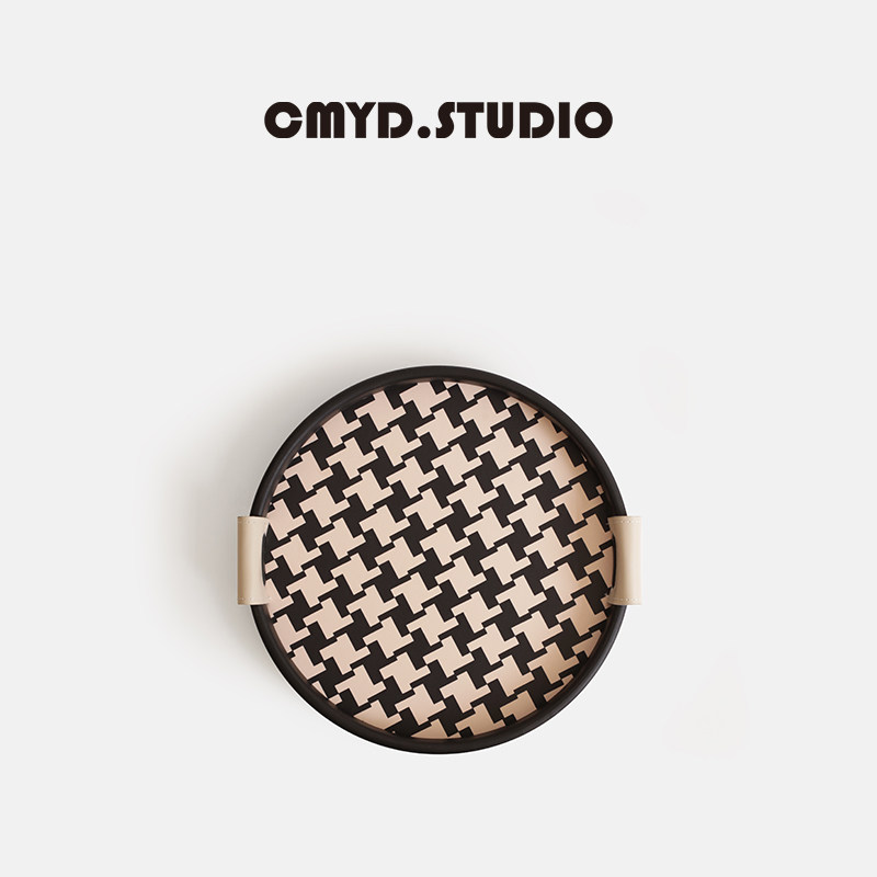 CMYD原创设计中古千鸟格圆形旋转双耳托盘首饰香薰收纳盘送礼摆件,淘宝优惠券,粉丝福利购,淘宝优惠卷