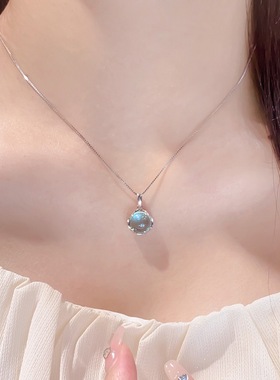 s925银月光石海蓝宝项链女节日礼物独特设计椭圆项链粉色石项链