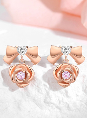 新款S925纯银蝴蝶结玫瑰项链耳钉