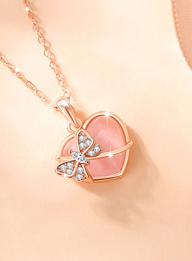 爱心蜜桃猫眼石S925锁骨链女项链