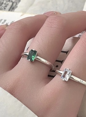 祖母绿锆石S925银方糖开口戒指女ins小众简约指环可调节9-25
