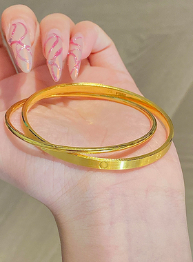 古法沙金双圈手环黄金色双环传承圆点光面素圈手镯环环相扣镯子女