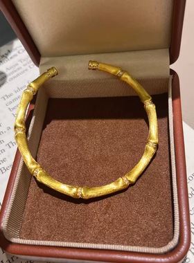 古法沙金点钻拉丝竹节手镯女黄金色新中式富贵请安实心镯子送女友