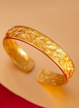 金店同款沙金錾刻牡丹手镯黄金色开口可调婚嫁手环饰品久不掉色女