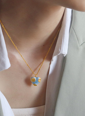 法式精致蓝色滴油珐琅花朵爱心项链女复古轻奢时尚通勤百搭锁骨链