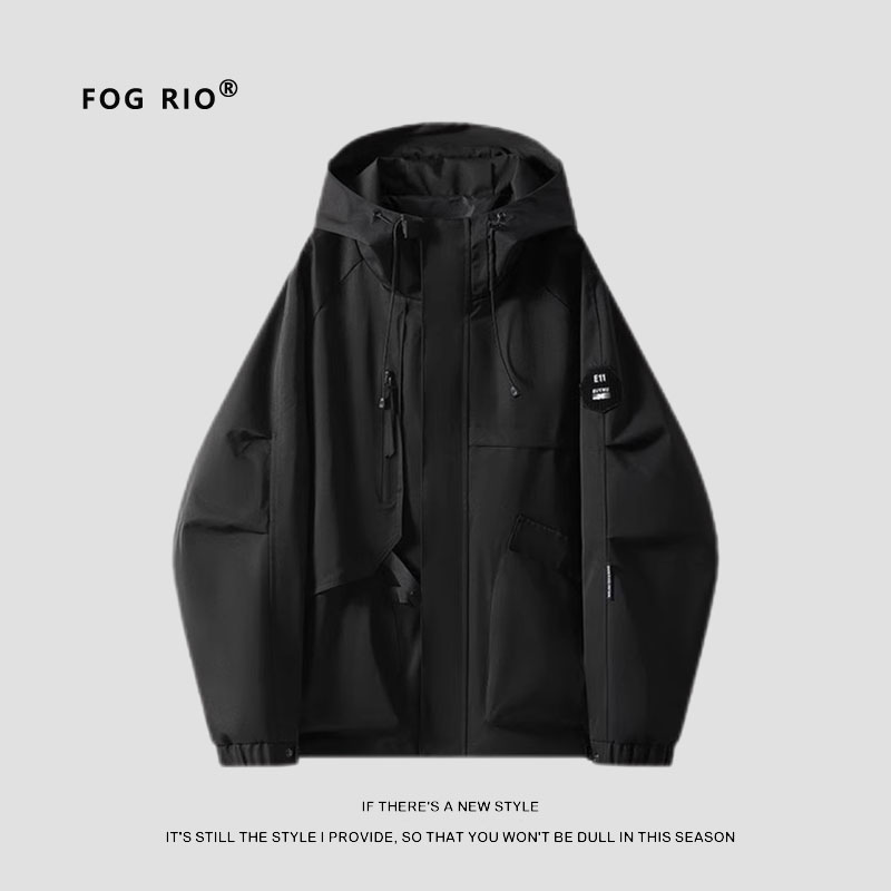 FOG RIO春秋新款休闲连帽夹克男潮流工装户外防风冲锋衣外套