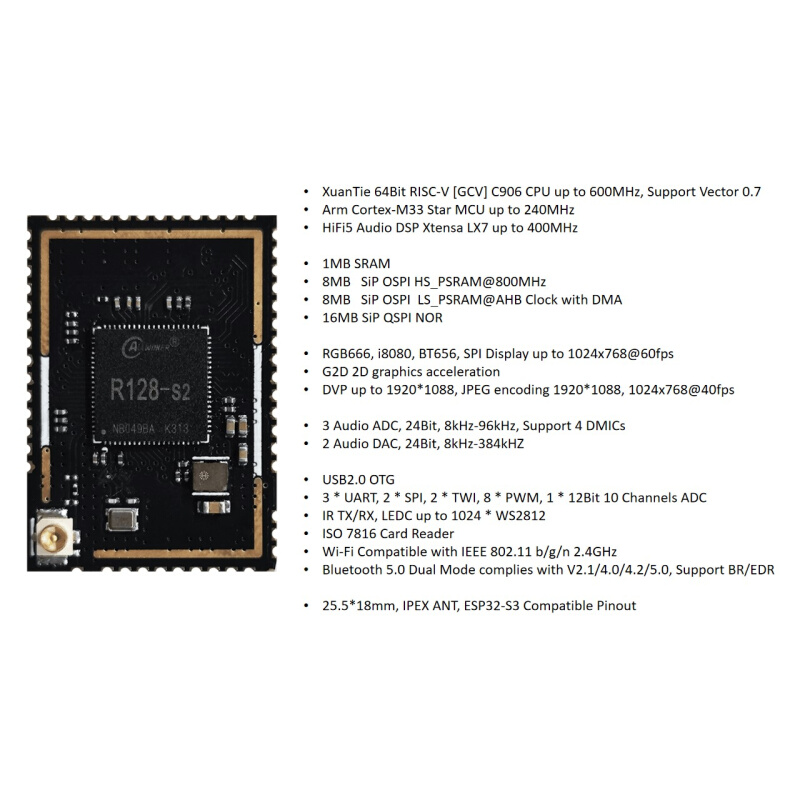 全志R1模28组C906 M33HIFI5DSP三核异构单片机模组兼容ESP32尺寸 - 图3