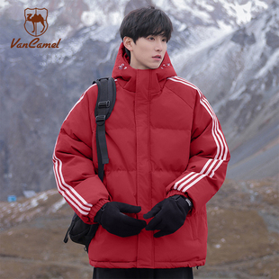 西域骆驼美式新年红条纹连帽情侣棉服