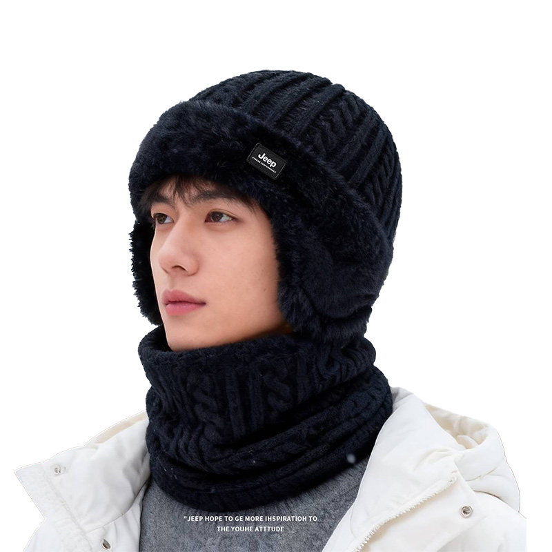 jeep吉普冬季男士毛线帽子加绒加厚户外保暖护耳帽防风防寒围脖冬
