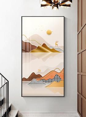 玄关装饰画新中式入户抽象山水艺术壁画招财麋鹿动物过道走廊挂画