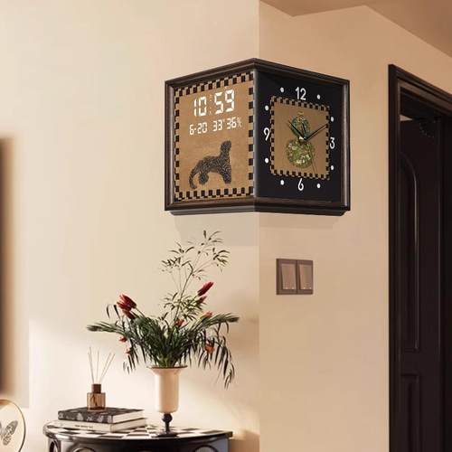 中古风金钱豹转角时钟双面挂钟创意葫芦拐角钟表复古万年历电子钟 - 图1