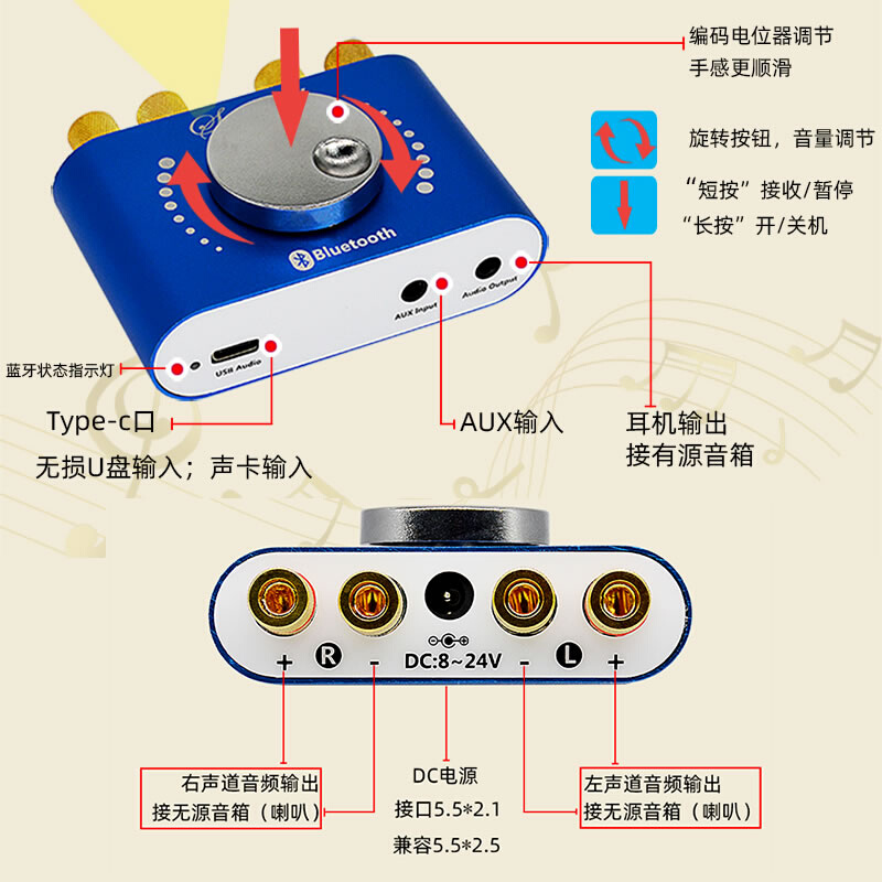 HIFI发烧级2.0立体声蓝牙数字功放板50WX2音箱音频放大车载12V24V - 图0