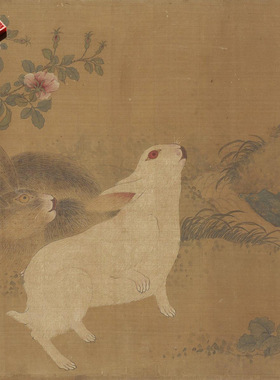 元代钱选玉兔小鸟图名家国画真迹