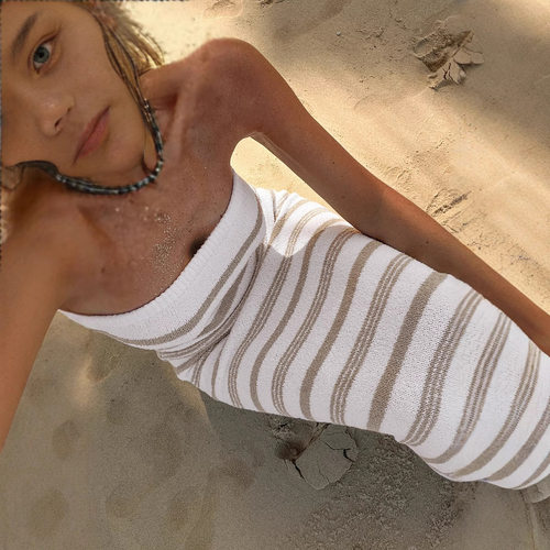 women clothes2色条纹抹胸紧身裙沙滩波西米亚休闲显瘦修身包臀裙 - 图2