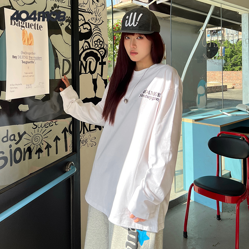 404MOB潮牌字母长袖T恤男女美式宽松重磅春秋情侣纯棉百搭打底衫 - 图2