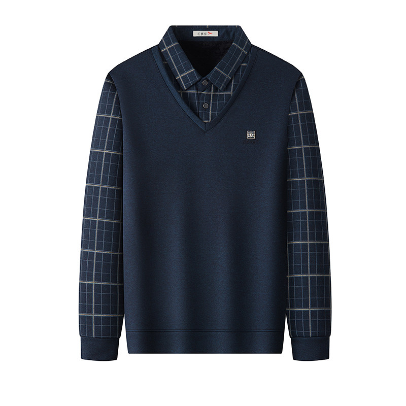 红蜻蜓男士假两件毛衣加绒加厚冬季新款休闲保暖中年爸爸装打底衫