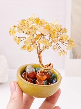 天然黄水晶碎石发财树玛瑙滚石茶盏底座聚宝盆水晶树家居桌面摆件