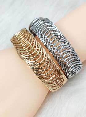 欧美夸张金属弹力手环新款手镯双层可调节金色钢丝弹簧手饰