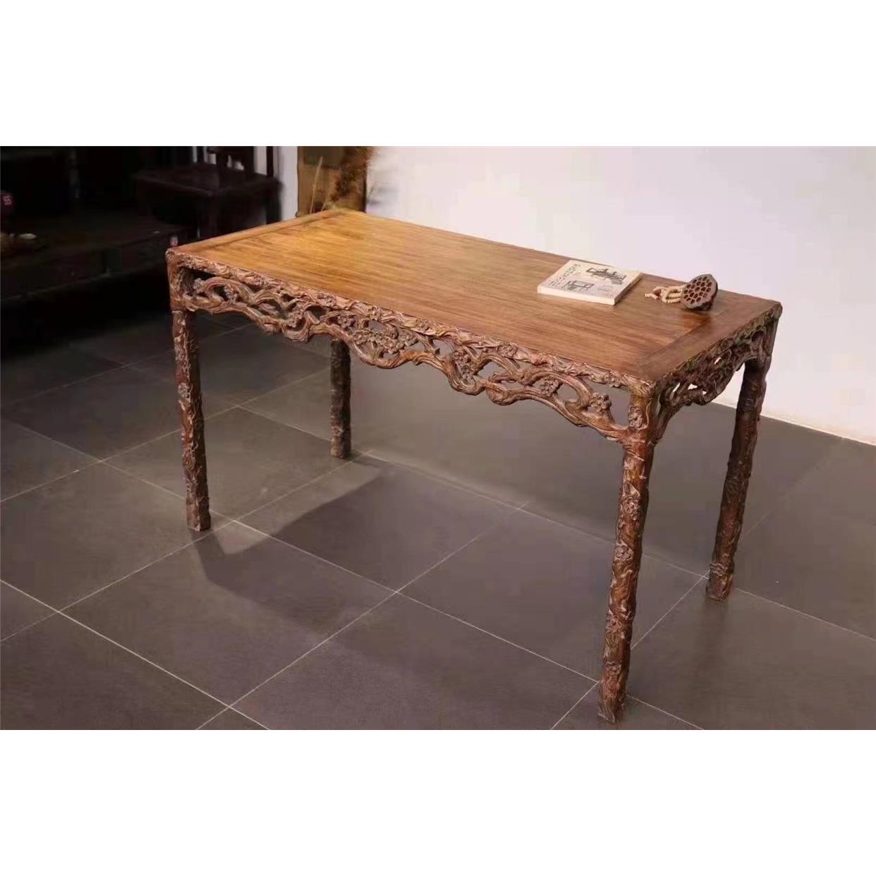 缅甸花梨木纯手工四面高浮雕喜上眉梢明式四平画案石榴花束腰画案 - 图0