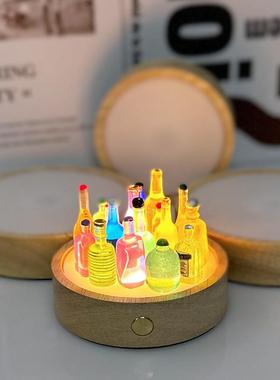 实木圆形扩散板发光底座暖白七彩蒙砂板灯垫USB充电无线触摸开关