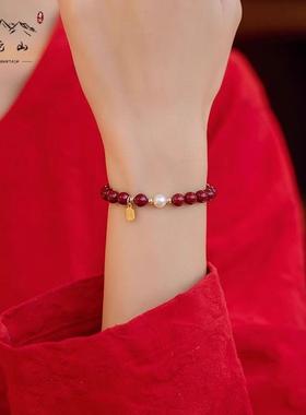 普陀山朱砂手串原创手链高含量紫晶砂本命年女款红色福牌送人礼物