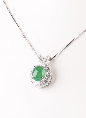 中古95新日本进口商品凸圆形切工翡翠钻石K18白金45cm项链