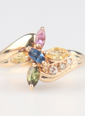 中古95新日本进口商品马眼型切工多彩蓝宝石钻石戒指K18黄金51号