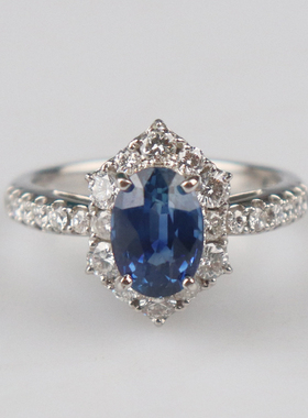 「9.5新」日本进口商品椭圆形切工蓝宝石钻石戒指PT90053号