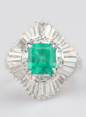 中古95新日本进口商品祖母绿切工群镶T方形钻石戒指铂金90052号