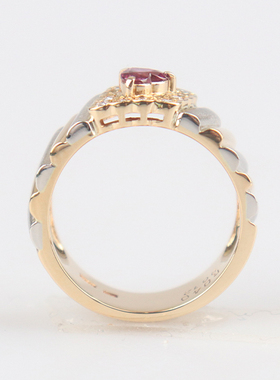 中古95新日本进口商品心形红宝石钻石拼色戒指K18YG/Pt535号