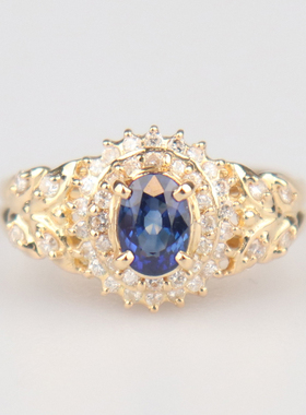 中古95新日本进口商品椭圆型切工蓝宝石钻石K18黄金52号戒指